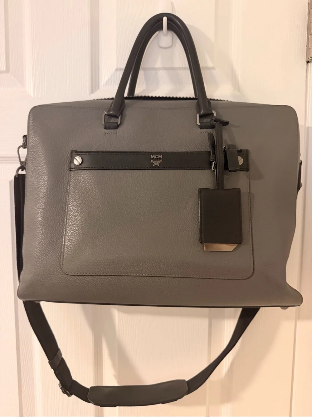 Unisex MCM Vintage Grey Leather Briefcase with Black Trim